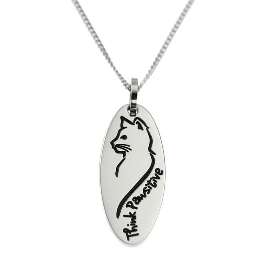 Think Pawsitive Stainless Steel Oval Cat Pendant Necklace - Inspirational Cat Lover Jewelry Gift