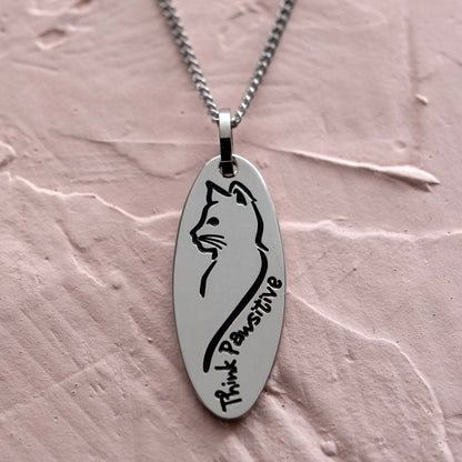 Think Pawsitive Stainless Steel Oval Cat Pendant Necklace - Inspirational Cat Lover Jewelry Gift