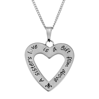 Stainless Steel "A Sister's Love" Heart Pendant Necklace with Cubic Zirconia