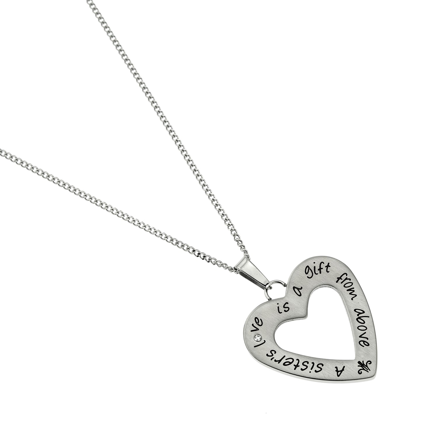 Stainless Steel "A Sister's Love" Heart Pendant Necklace with Cubic Zirconia