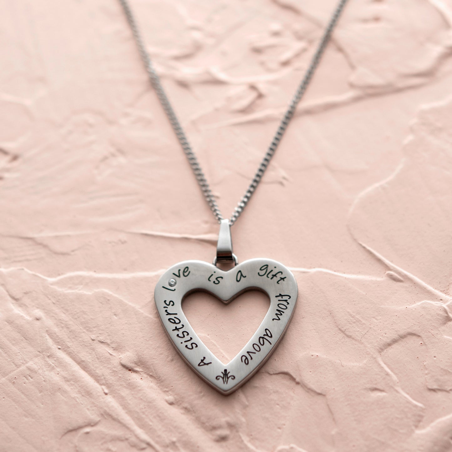 Stainless Steel "A Sister's Love" Heart Pendant Necklace with Cubic Zirconia