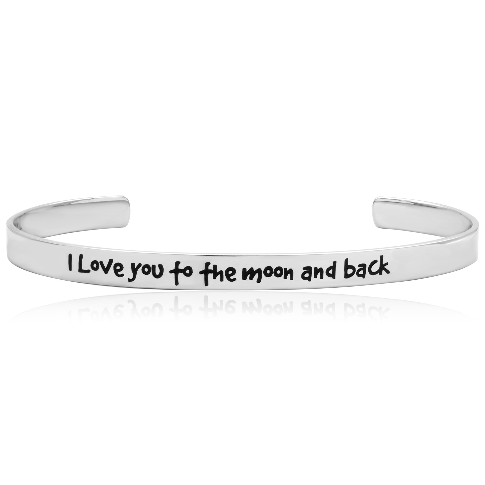 Stainless steel cuff bracelet with engraved words 'I love you to the moon and back'—a symbol of infinite love and cherished connections. Adjustable and crafted with high-quality materials