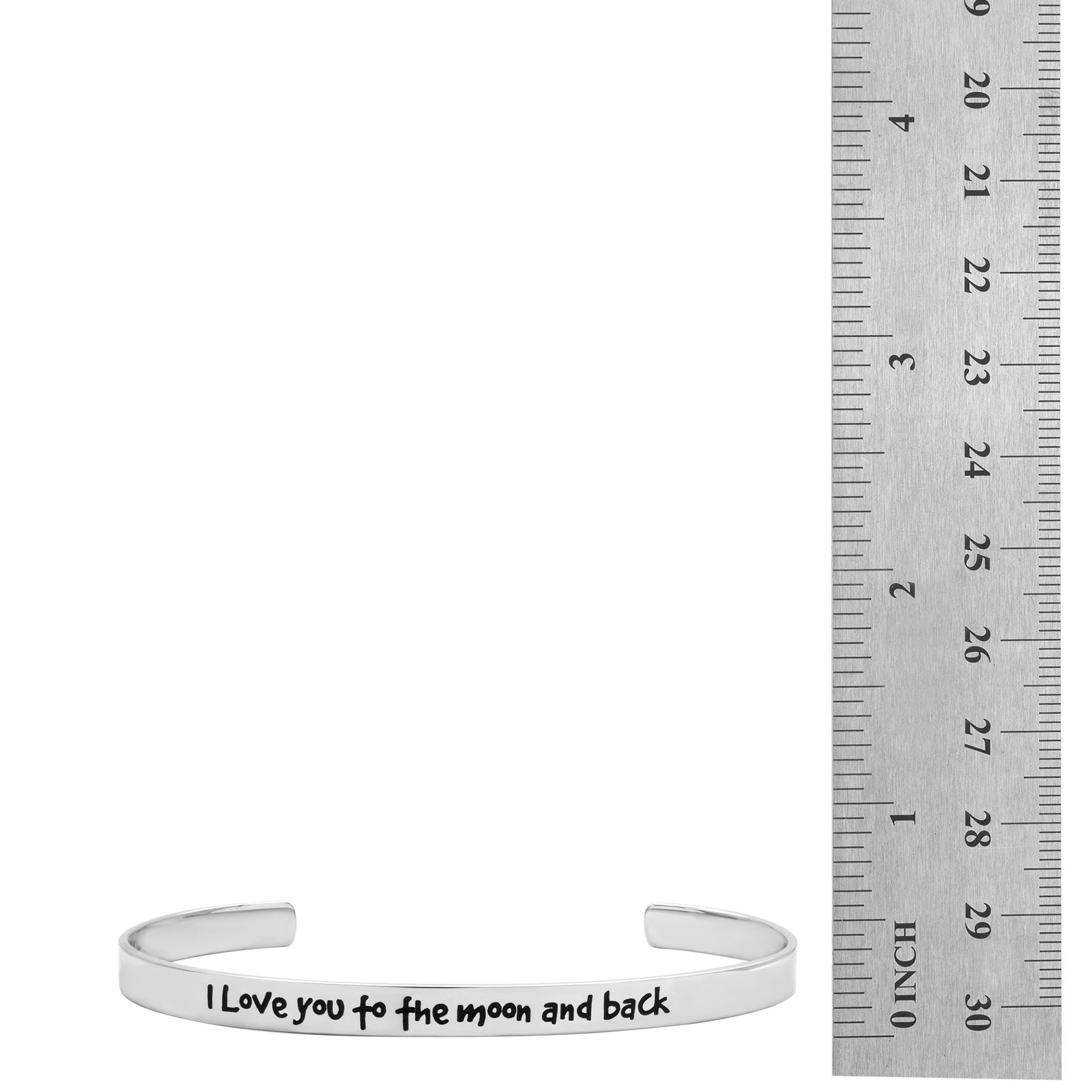 Stainless steel cuff bracelet with engraved words 'I love you to the moon and back'—a symbol of infinite love and cherished connections. Adjustable and crafted with high-quality materials