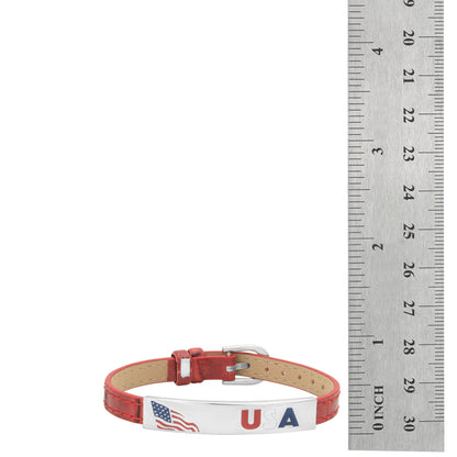 Patriotic USA American Flag Red Leather Adjustable Bracelet