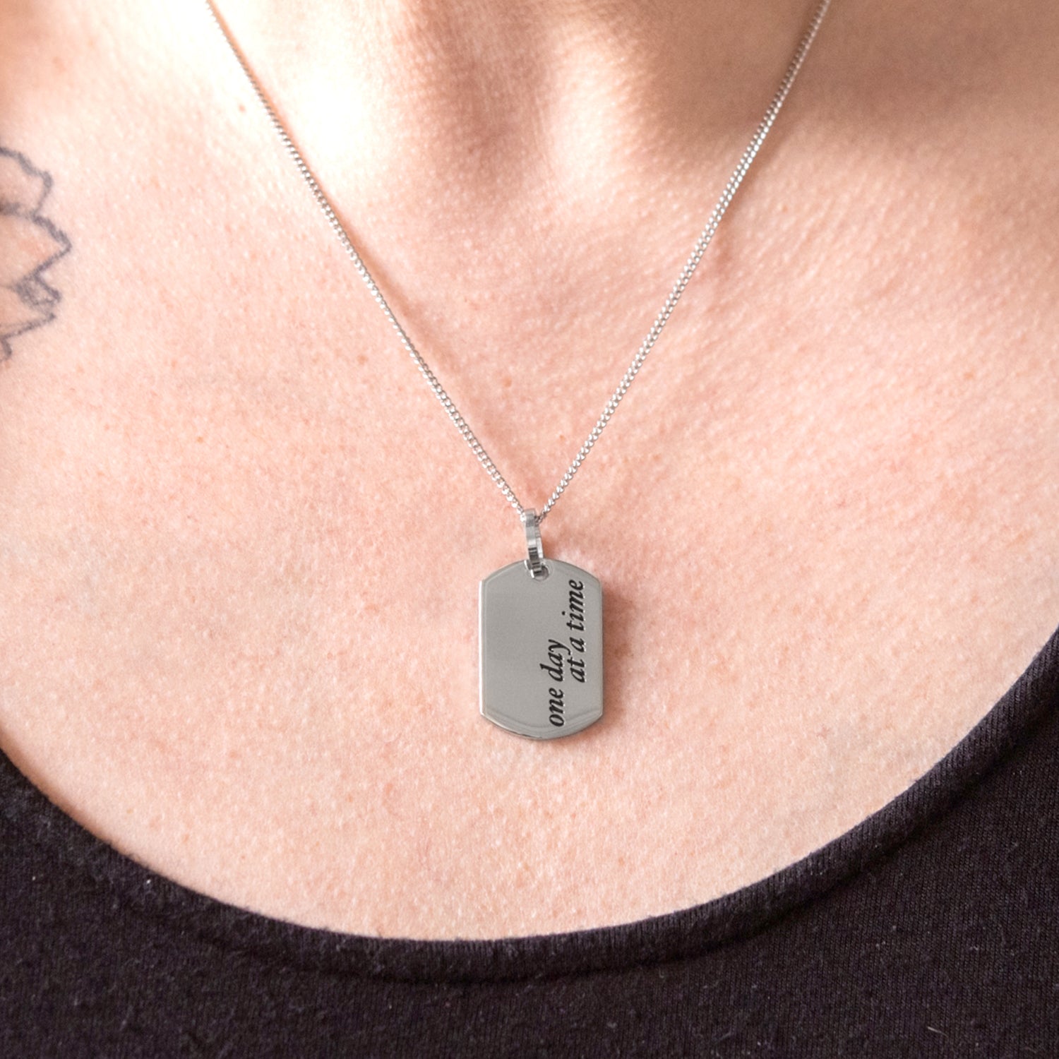 Inspirational "One Day At A Time" Stainless Steel Dog Tag Pendant Necklace