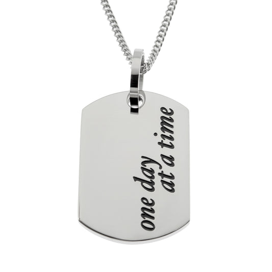 Inspirational "One Day At A Time" Stainless Steel Dog Tag Pendant Necklace