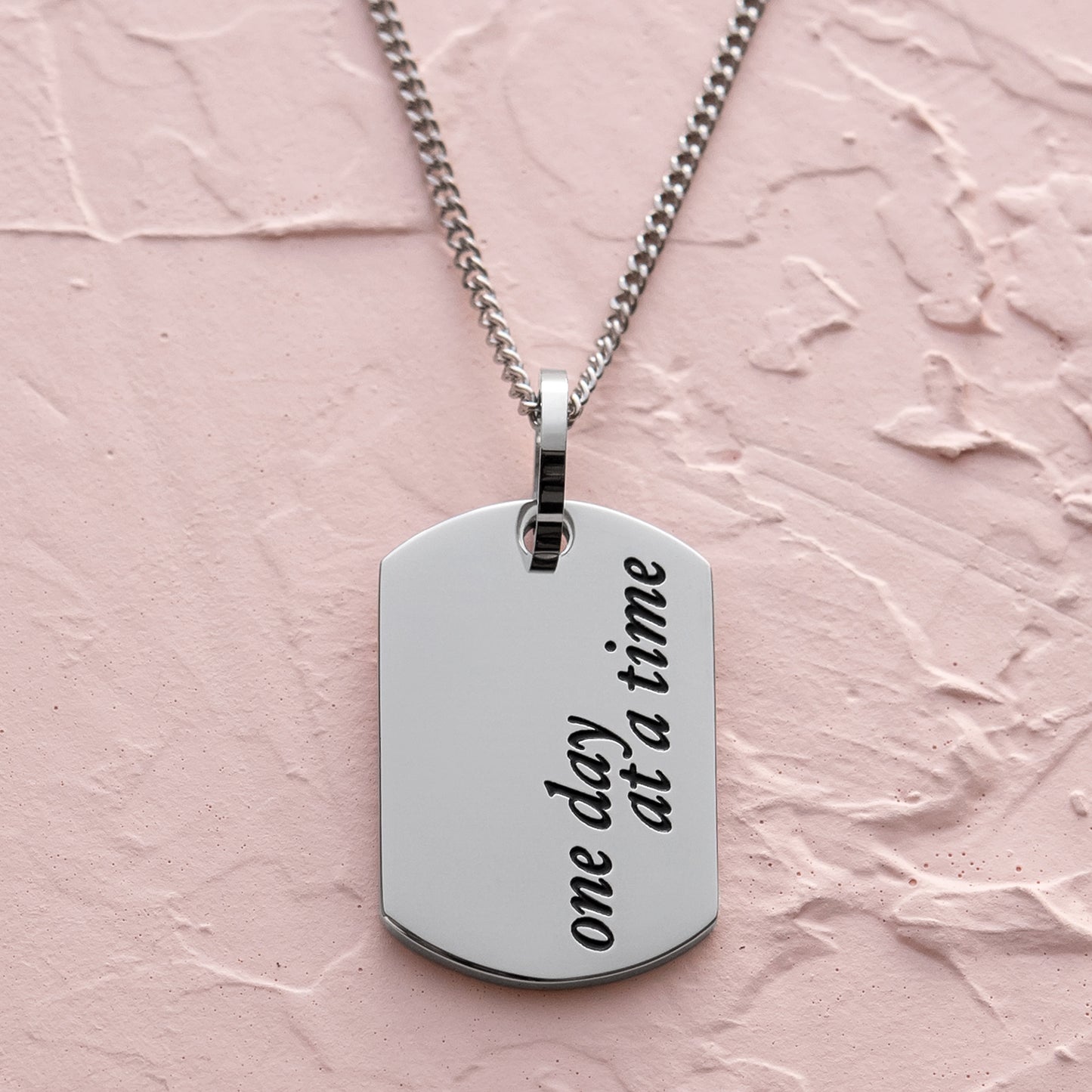 Inspirational "One Day At A Time" Stainless Steel Dog Tag Pendant Necklace