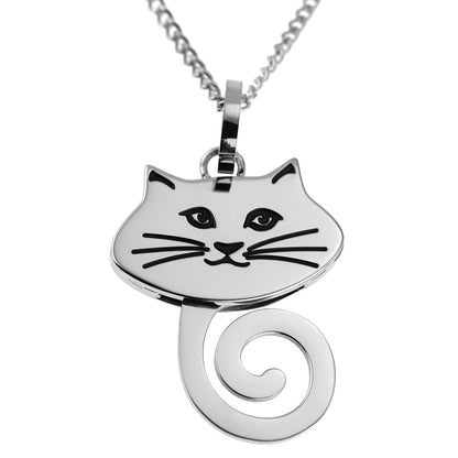 Stainless Steel Wagging Tail Cat Face Pendant Necklace - Unique Cat Lover Gift Jewelry