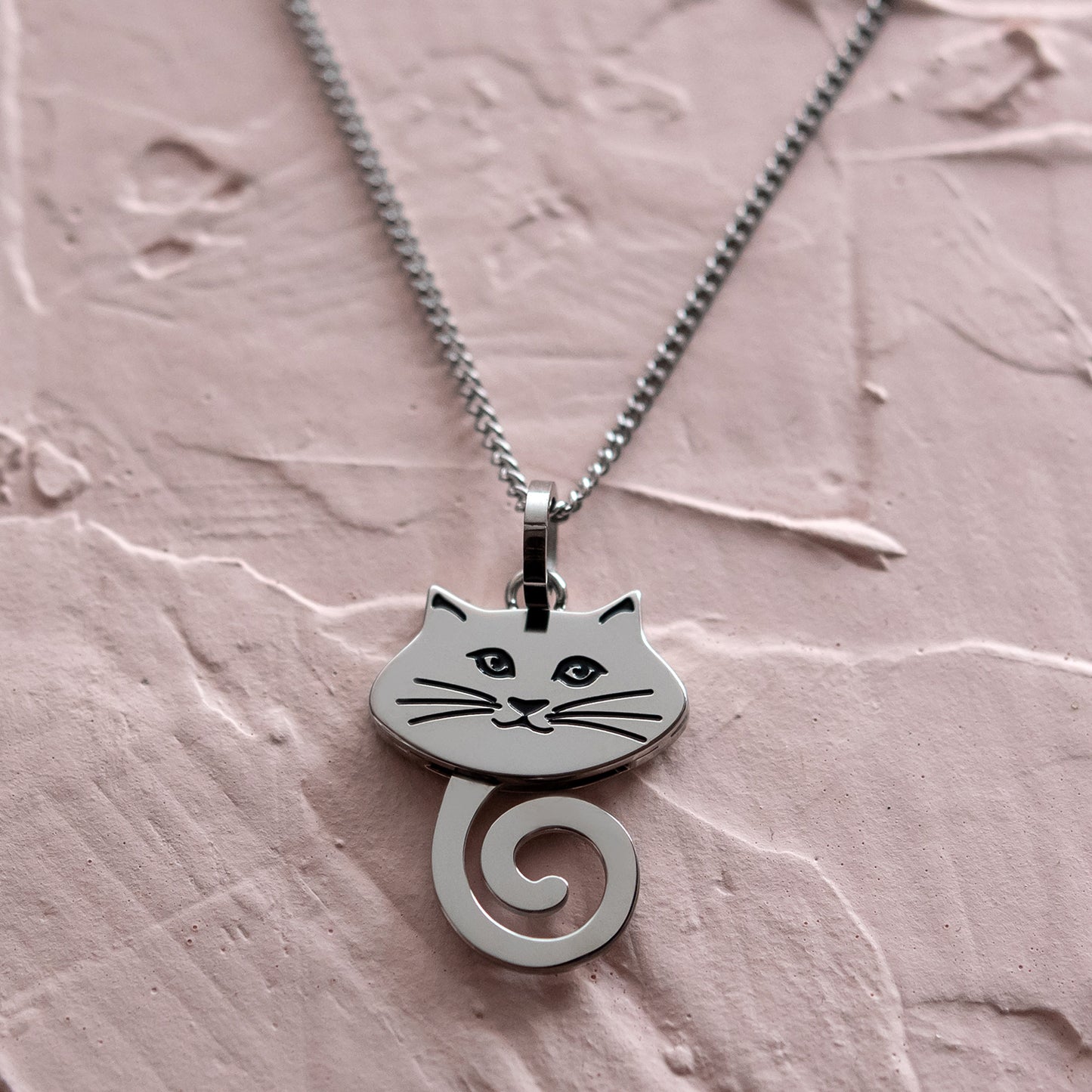 Stainless Steel Wagging Tail Cat Face Pendant Necklace - Unique Cat Lover Gift Jewelry