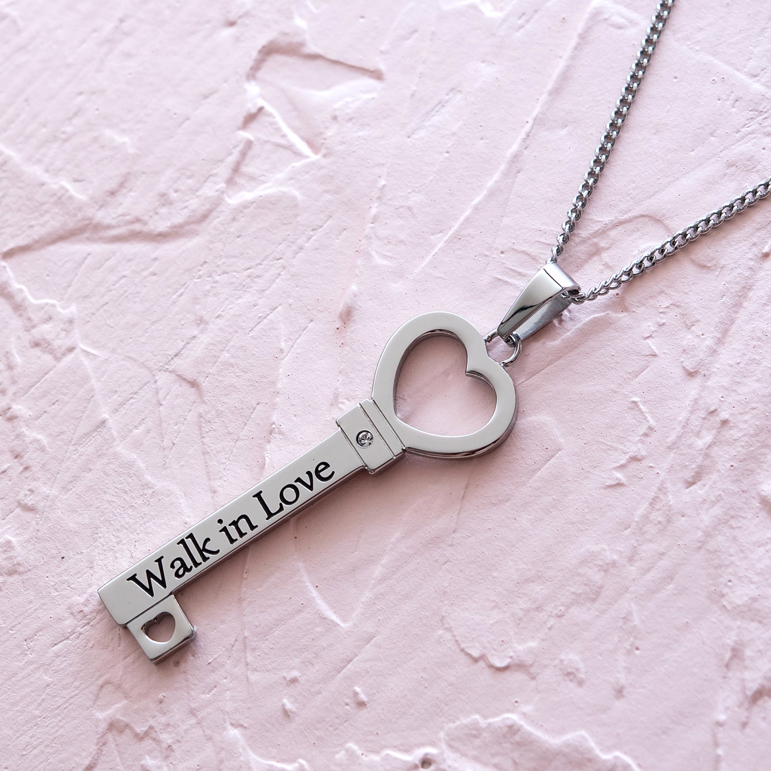Walk In Love Inspirational Key Pendant Necklace with Cubic Zirconia in Steel