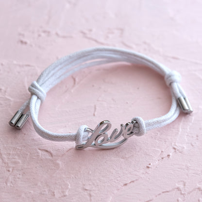 Adjustable White Cotton Cord "Love" Stainless Steel Bolo Bracelet - Perfect Valentine's Day or Bridal Party Gift