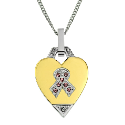 Two Tone Gold Heart Cancer Awareness Ribbon Pendant Necklace with Pink Crystals