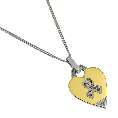 Two Tone Gold Heart Cancer Awareness Ribbon Pendant Necklace with Pink Crystals