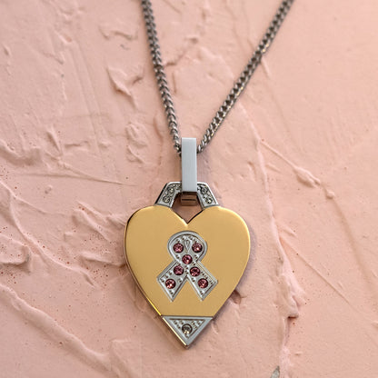 Two Tone Gold Heart Cancer Awareness Ribbon Pendant Necklace with Pink Crystals