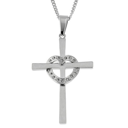 Stainless Steel Heart Cross Pendant Necklace with Crystals