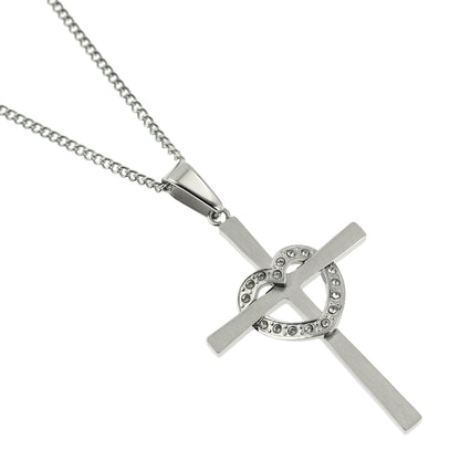 Stainless Steel Heart Cross Pendant Necklace with Crystals