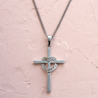 Stainless Steel Heart Cross Pendant Necklace with Crystals