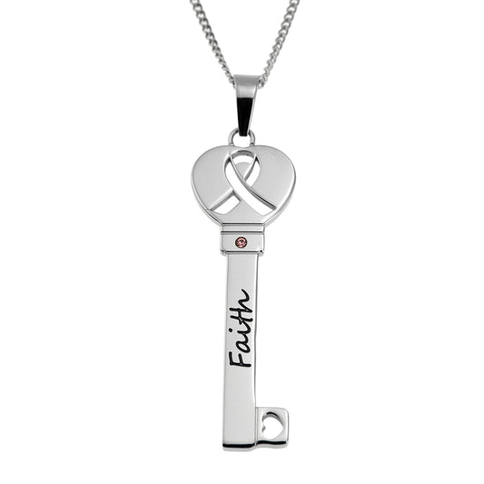 Inspirational "Faith" Key Pendant Necklace with Pink Crystal and Awareness Ribbon