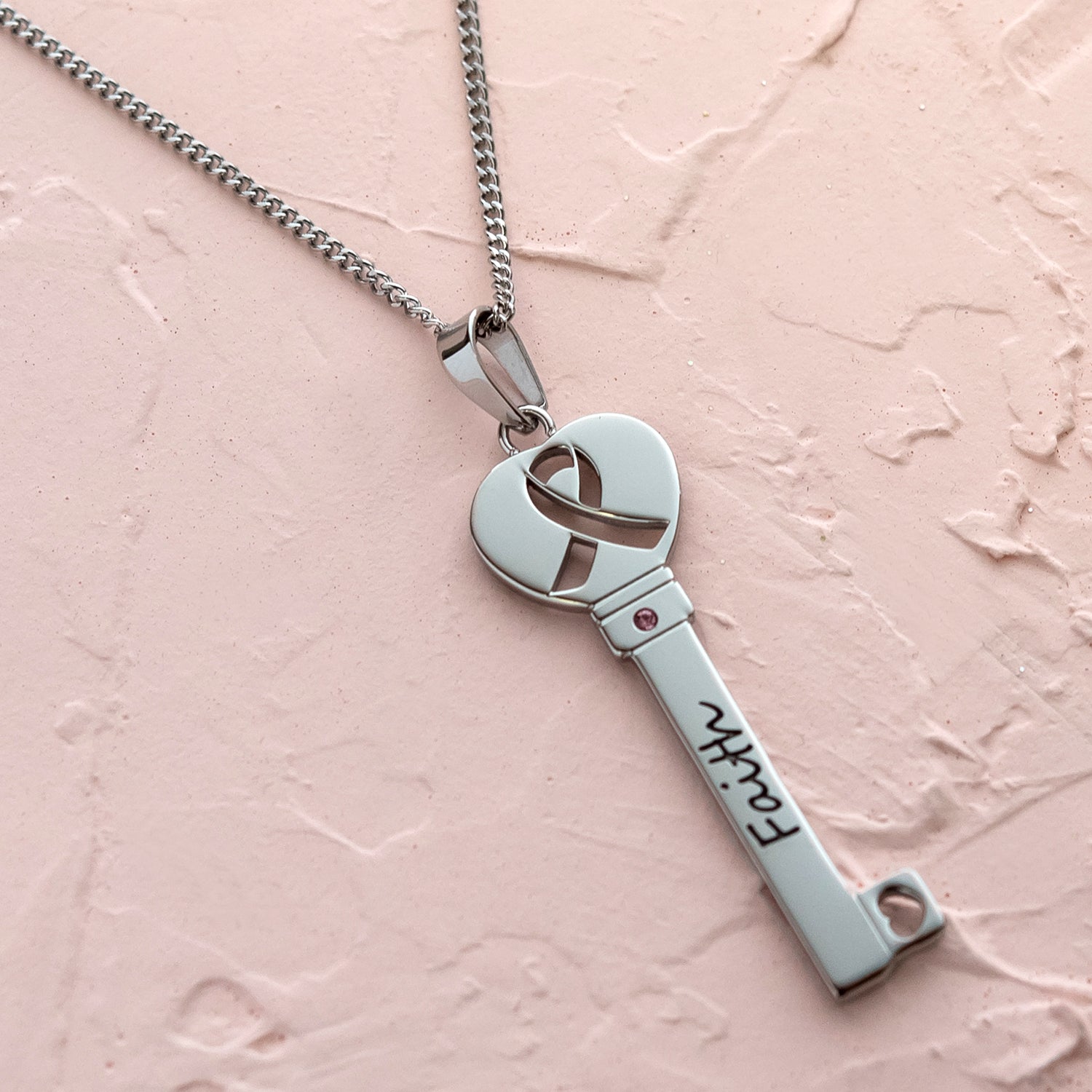 Inspirational "Faith" Key Pendant Necklace with Pink Crystal and Awareness Ribbon