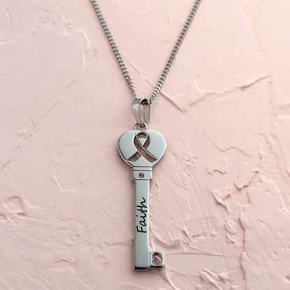 Inspirational "Faith" Key Pendant Necklace with Pink Crystal and Awareness Ribbon