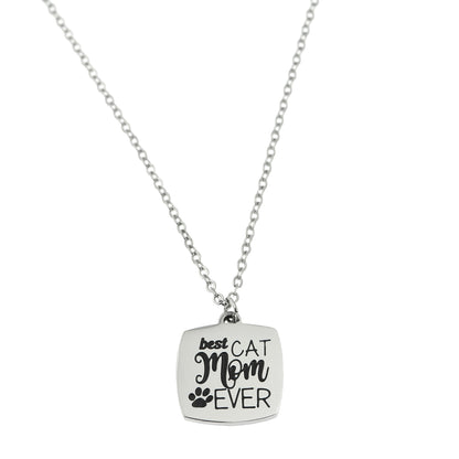 Best Cat Mom Ever Pendant Necklace - Engraved Paw Print Jewelry Gift for Cat Lovers