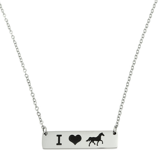 I Heart Horses Stainless Steel Bar Pendant Necklace - Perfect Gift for Horse Lovers
