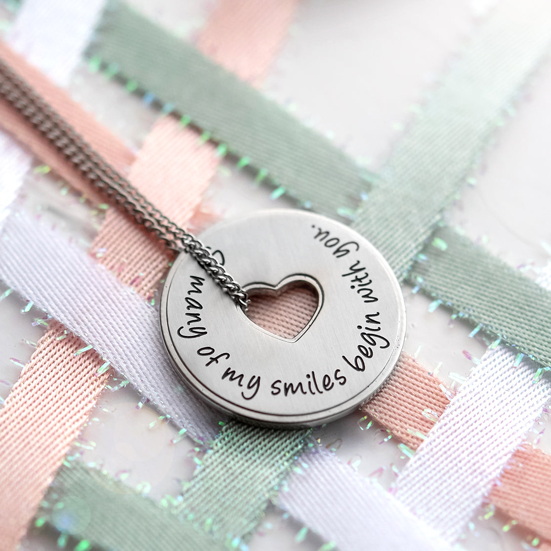"So Many of My Smiles Begin With You" Heart Disc Pendant Necklace Stainless Steel Jewelry for Women
