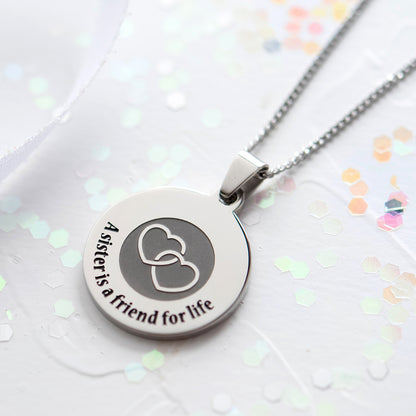 "A Sister is a Friend for Life" Interlocking Hearts Pendant Necklace Sentimental Sister Jewelry Gift for Women Friend