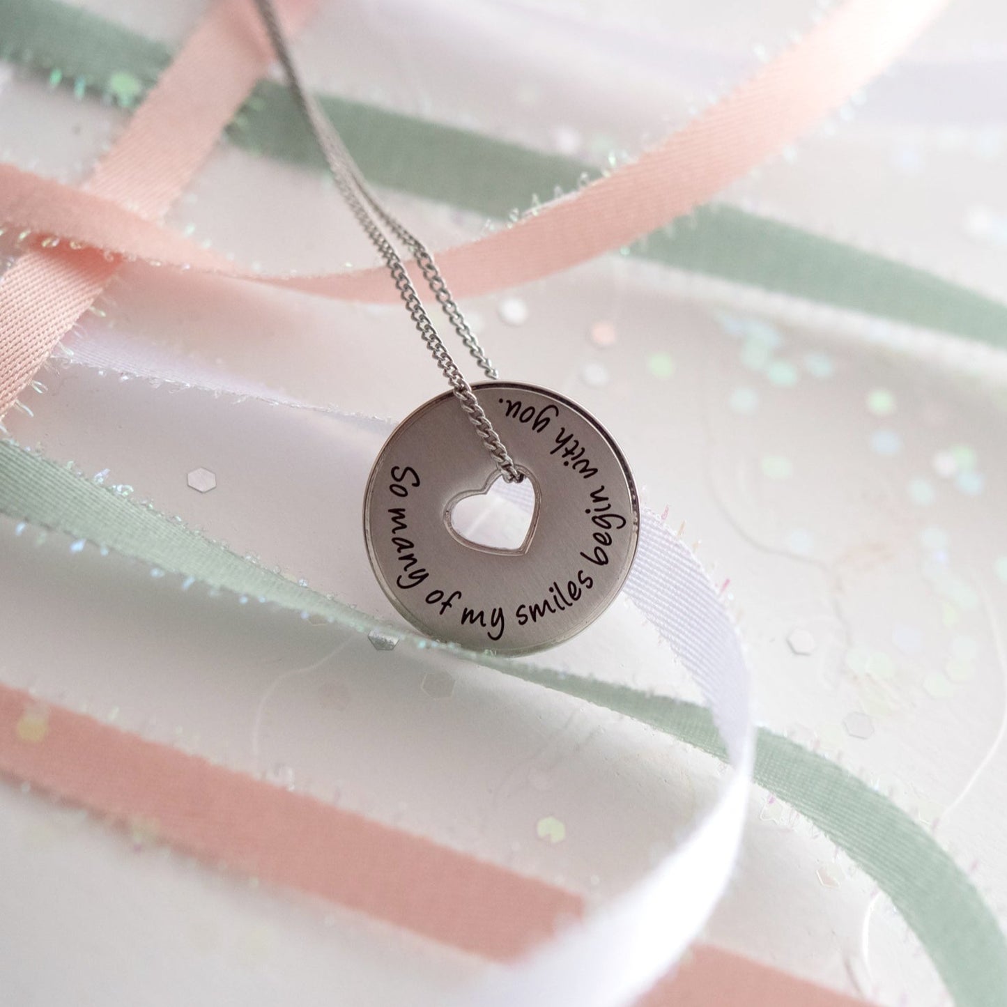 "So Many of My Smiles Begin With You" Heart Disc Pendant Necklace Stainless Steel Jewelry for Women