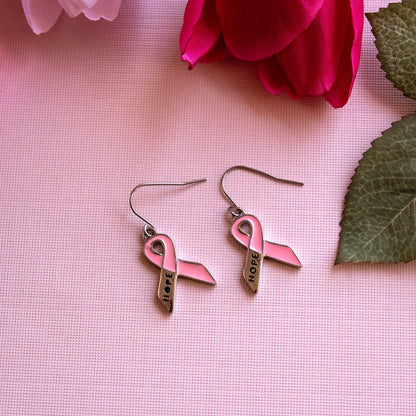 Pink Ribbon "Hope" Breast Cancer Awareness Dangle Earrings Stainless Steel Jewelry for Women