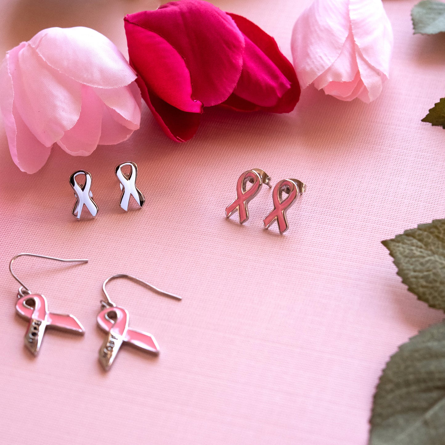 Pink Epoxy Breast Cancer Awareness Ribbon Earrings Stainless Steel Jewelry for Women Girls