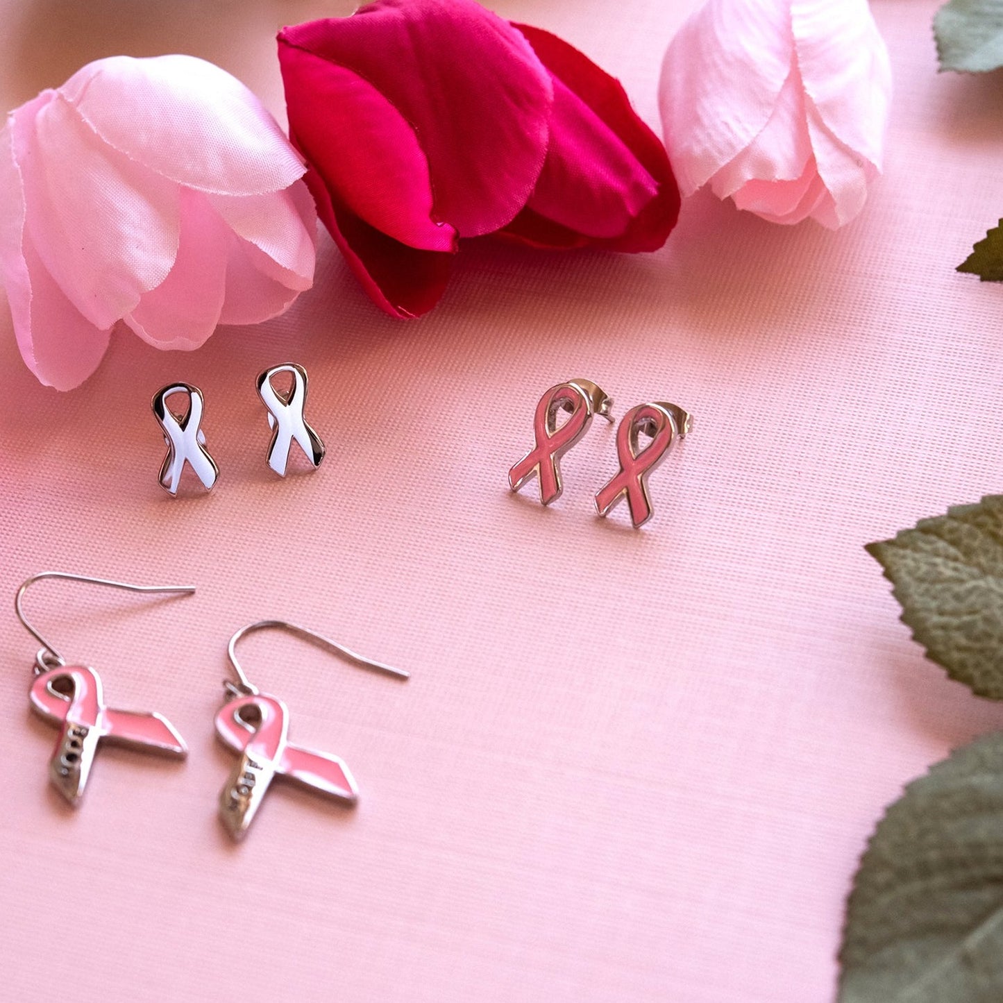 Pink Ribbon "Hope" Breast Cancer Awareness Dangle Earrings Stainless Steel Jewelry for Women