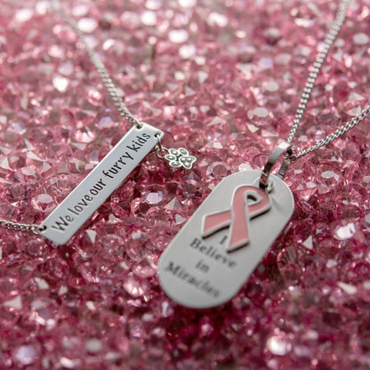 I Believe in Miracles Stainless Steel Dog Tag Necklace with Pink Ribbon Pendant - Inspirational Breast Cancer Awareness Jewelry Gift