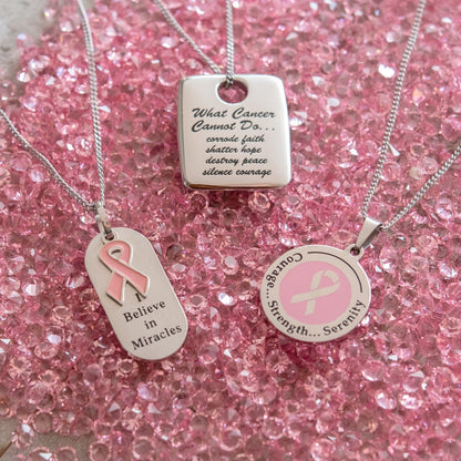 Pink Enamel Cancer Awareness Ribbon Pendant Necklace with Inspirational Message Jewelry for women