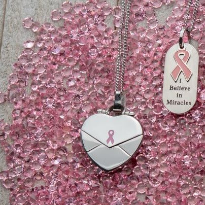 Inspirational Pink Ribbon Heart Locket Necklace for Cancer Survivors LOCKET WITH ADD ON MILESTONE DISCS.