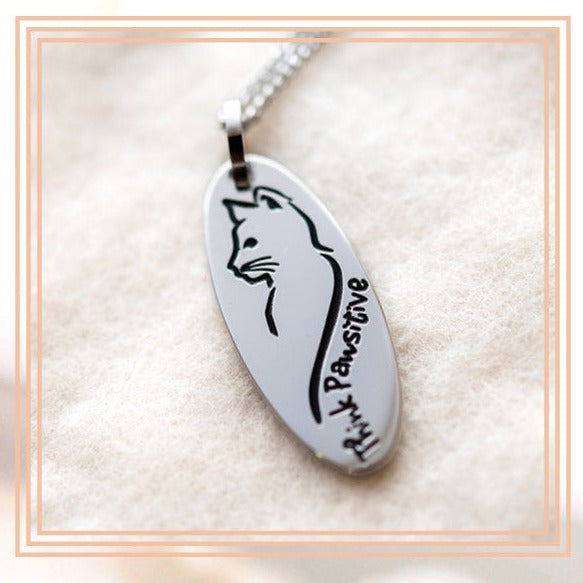 Think Pawsitive Stainless Steel Oval Cat Pendant Necklace - Inspirational Cat Lover Jewelry Gift