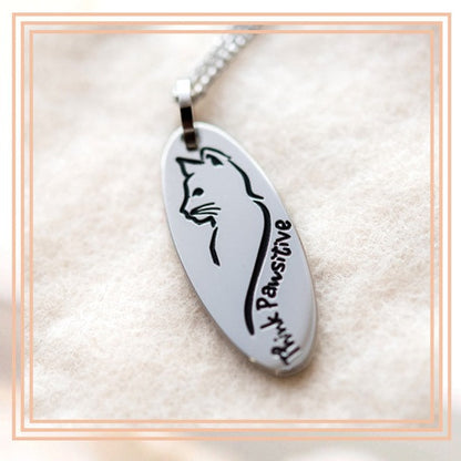 Think Pawsitive Stainless Steel Oval Cat Pendant Necklace - Inspirational Cat Lover Jewelry Gift