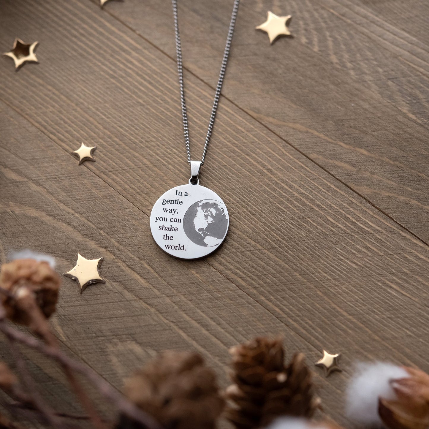 "In a Gentle Way, You Can Shake the World" Inspirational Stainless Steel Pendant Necklace Motivational Graduation Gift