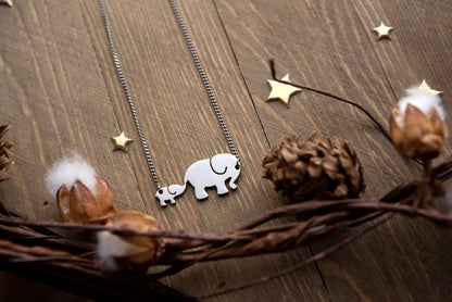 Stainless Steel Mother and Baby Elephant Pendant Necklace