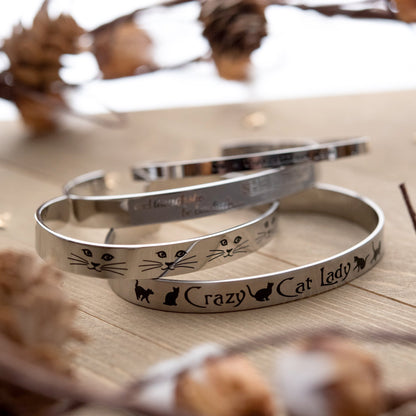 "Cat Lady" Engraved Stainless SteelCuff Bracelet Perfect Gift for Pet Cat Lovers