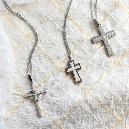 Brushed Stainless Steel Inlay Cross Pendant Necklace - Christian Religious Jewelry Gift