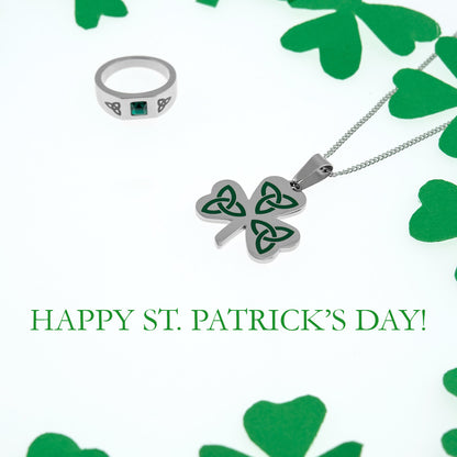 Celtic Trinity Knot Shamrock Pendant Necklace with Green Enamel Irish Stainless Steel Jewelry for Women or Men Perfect for St. Patrick's Day