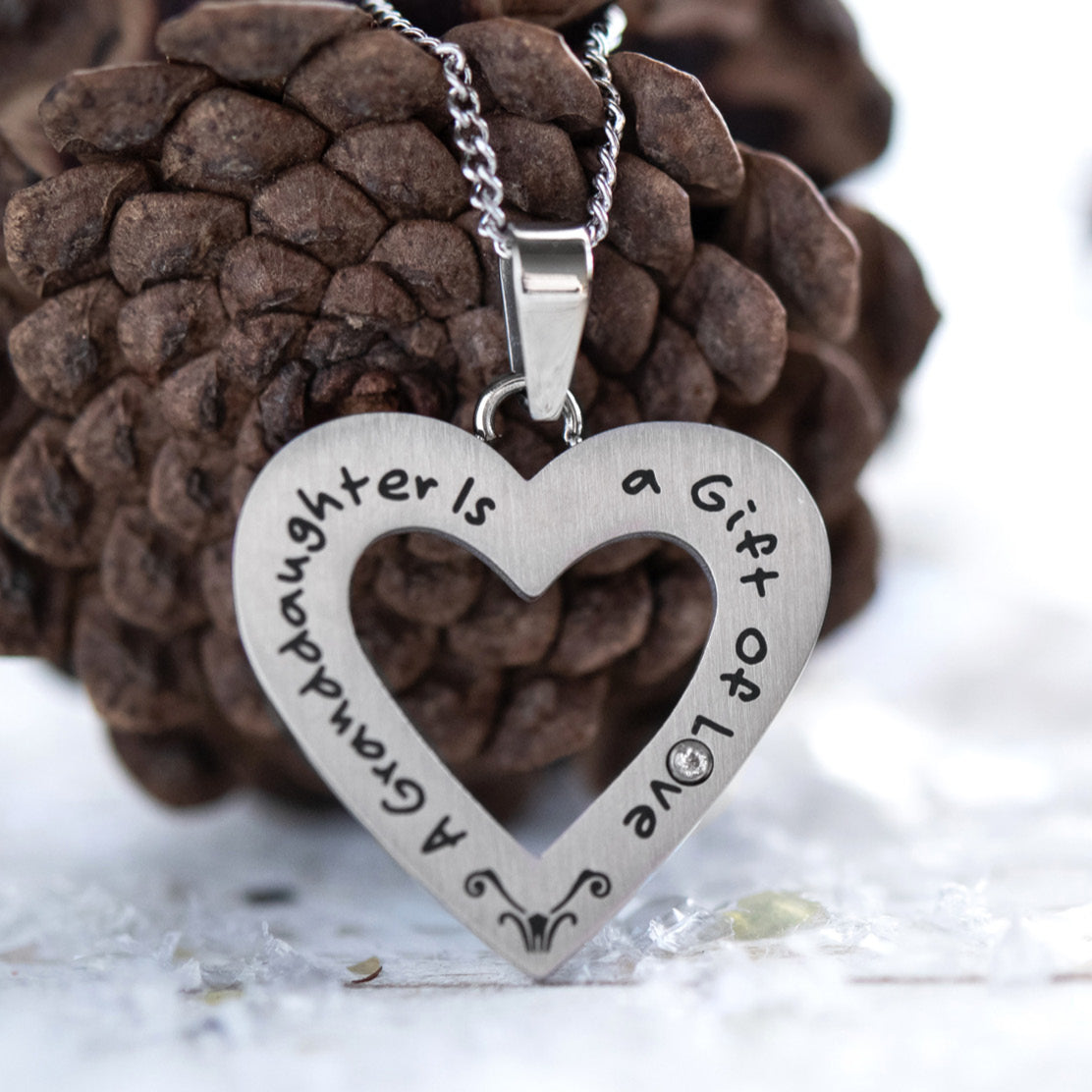 "A Granddaughter is a Gift of Love" Open Heart Cubic Zirconia Pendant Necklace Stainless Steel Jewelry for Women Girls