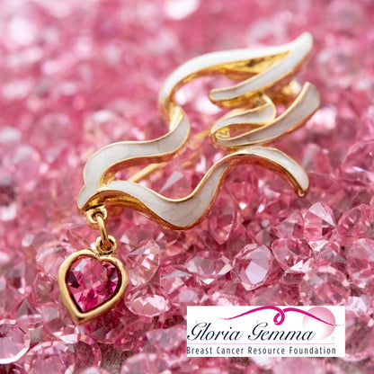 Gold and Pink Enamel Dove Pin with Heart Crystal Charm