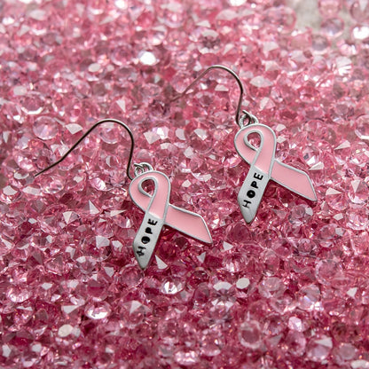 Steel Tone Pink Ribbon "Hope" Breast Cancer Awareness Dangle Earrings