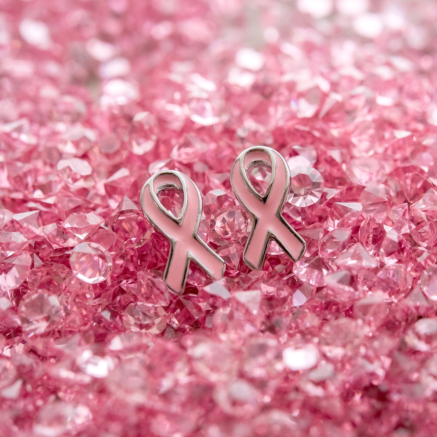 Steel Tone Pink Epoxy Breast Cancer Awareness Ribbon Earrings