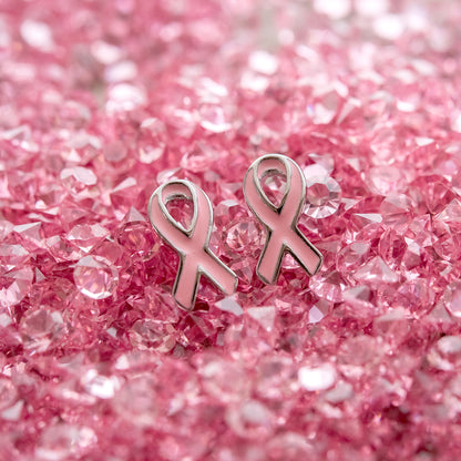 Steel Tone Pink Epoxy Breast Cancer Awareness Ribbon Earrings