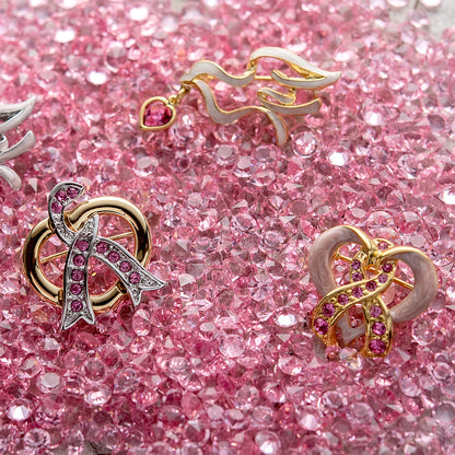 Gold and Pink Enamel Dove Pin with Heart Crystal Charm