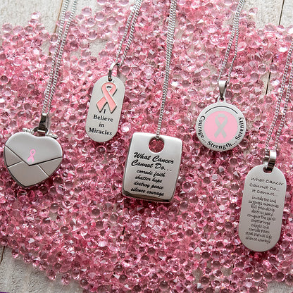 Pink Enamel Cancer Awareness Ribbon Pendant Necklace with Inspirational Message Jewelry for women