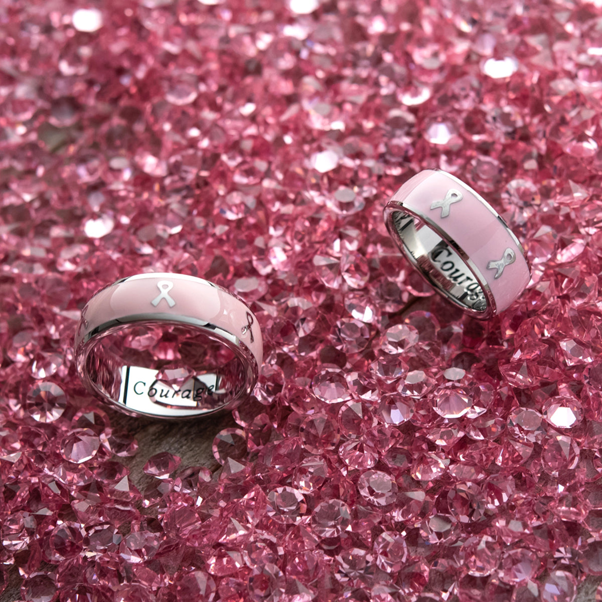 Pink Enamel Courage, Strength & Serenity Breast Cancer Awareness Ring Gift for Women